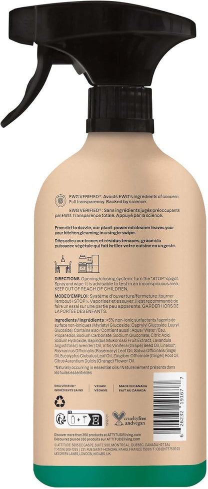 ATTITUDE Kitchen Cleaner Spray, EWG Verified, Degreaser Spray to Cut Grease & Grime, Plant-Based & Vegan, Lavender & Rosemary, 26 Fl Oz