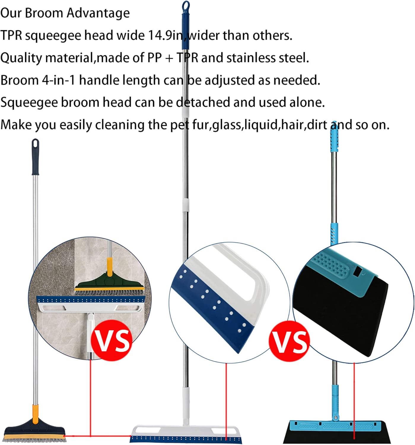 Multifunction Rubber Air Broom, Silicone Floor Squeegee with 56" Long Handle, Rubber Sweeper, Air Broom for Floor Bathroom Kitchen Shower Tile Pet Hair Fur Marble Glass Water Window Foam Clean (Grey)