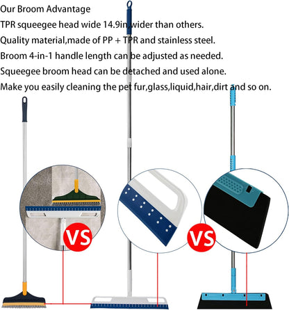 Multifunction Rubber Air Broom, Silicone Floor Squeegee with 56" Long Handle, Rubber Sweeper, Air Broom for Floor Bathroom Kitchen Shower Tile Pet Hair Fur Marble Glass Water Window Foam Clean (Grey)