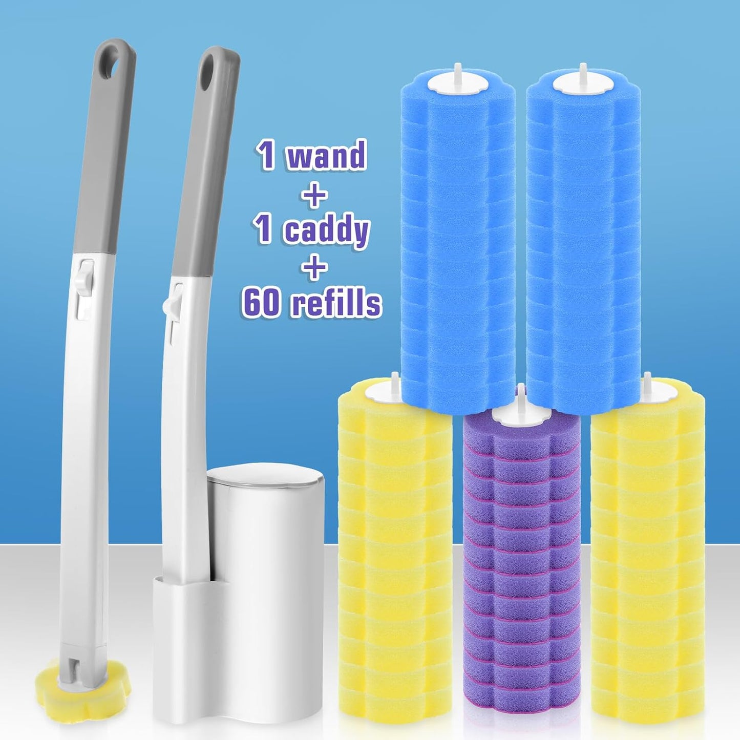 Disposable Toilet Brush Cleaning System with 60pcs Refills Pads Replacement Heads, Toilet Cleaning Stick, Wall Mounted Toliet Wand Kit Bathroom Maintenance, Toilet Bowl Cleaner Wands Holder and Set