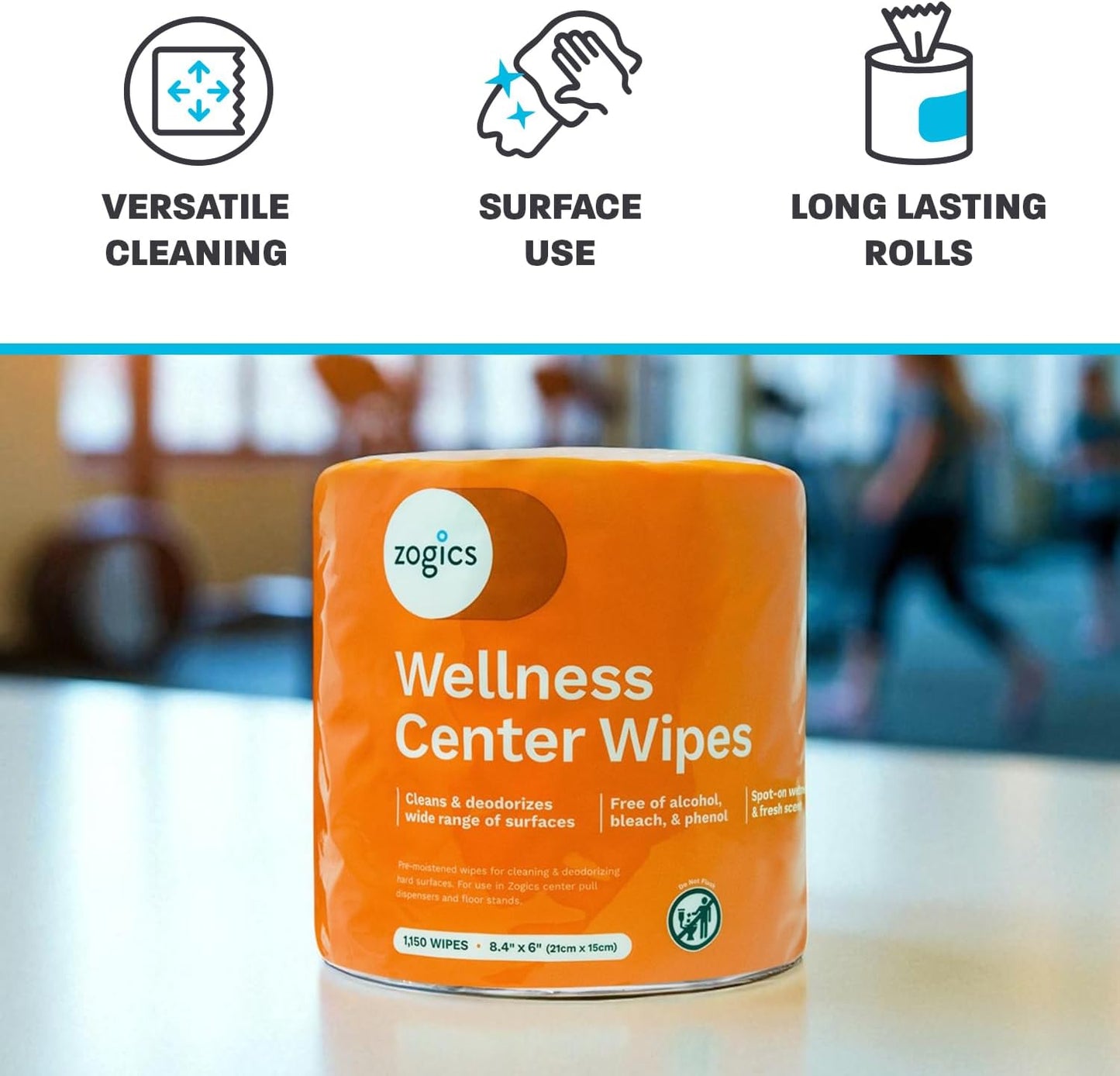 Zogics Wellness Center Cleaning Wipes – Gym Equipment Wipes for Cleaning Surfaces and Equipment, Durable and Safe Pre-Saturated (4,600 Count, 4 Rolls of 1150)