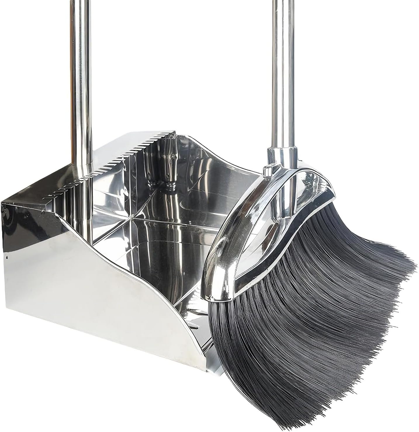 Indoor Broom and Dustpan Comb Set,Heavy Duty Stainless Steel Metal Dust Pan with Long Handle Sweeping Soft Bristles Broom for Floor Home Lobby Office