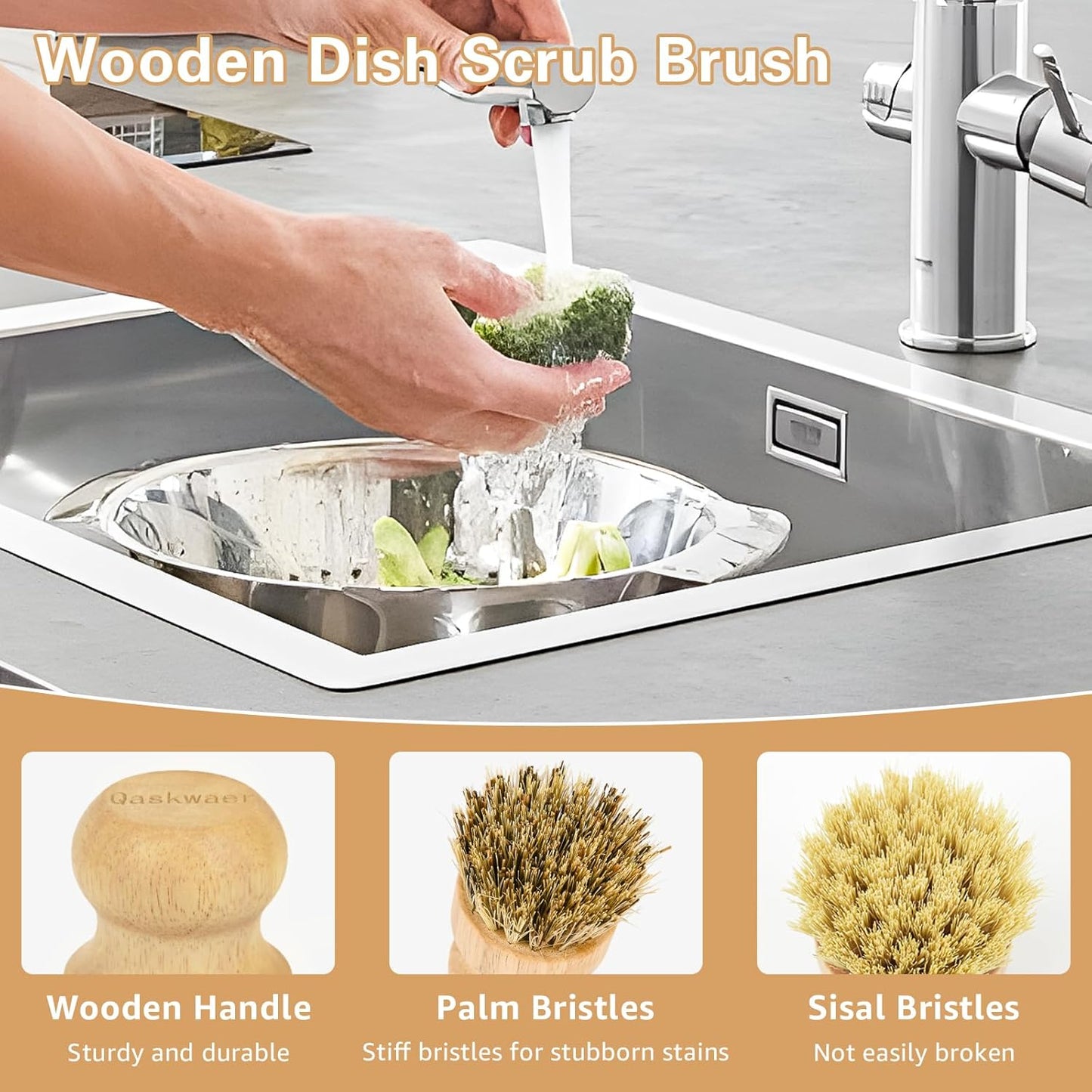 Wooden Dish Brushes, Dish Scrubber Brush for Cleaning Dishes, Natural Sisal + Palm Bristles, Set of 2
