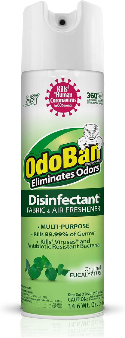 OdoBan Ready-to-Use 360-Degree Continuous Spray Disinfectant & Harsh Aroma Eliminator, Fabric and Air Freshener, Made in the USA, Original Eucalyptus Scent, 14.6 Ounces
