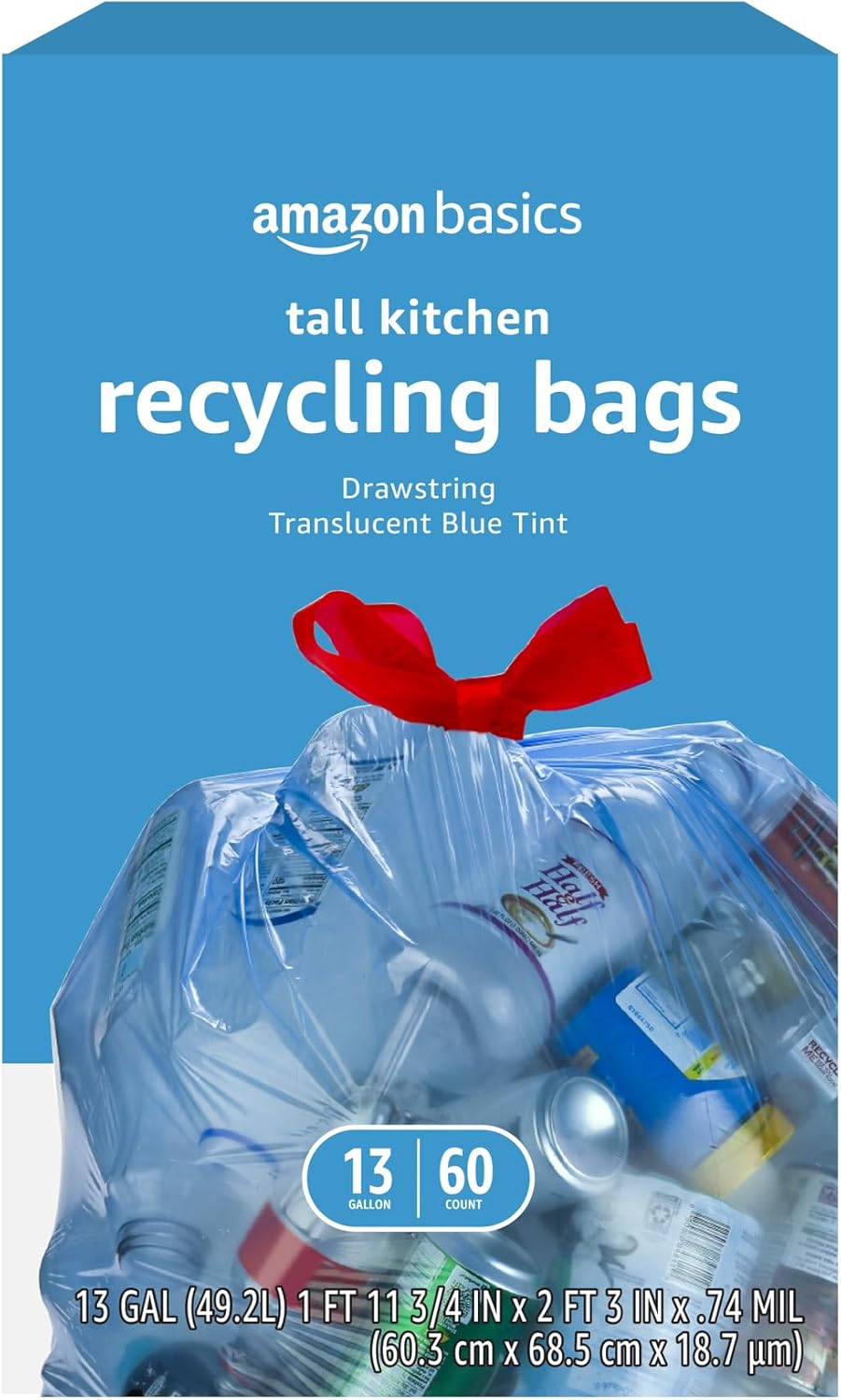 Amazon Basics Blue Recycling Trash Bags, Unscented, 13 Gallon, 60 count (Pack of 2)