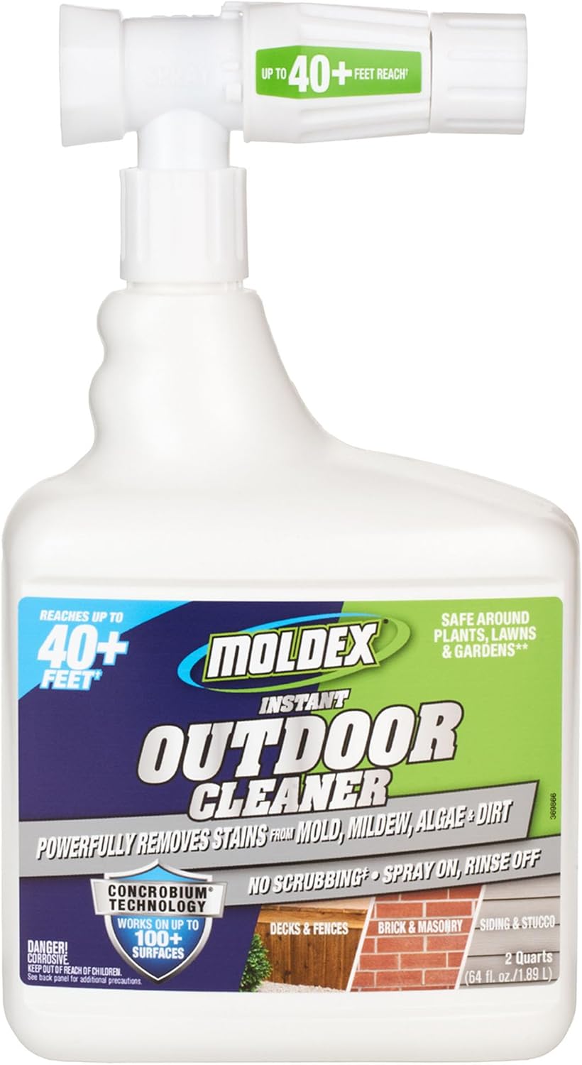 Moldex® Instant Outdoor Cleaner with Bleach and Hose End, 64 oz – Fast Acting Spray for Mold and Mildew Stains on Siding, Decks, Fences and Exterior Surfaces