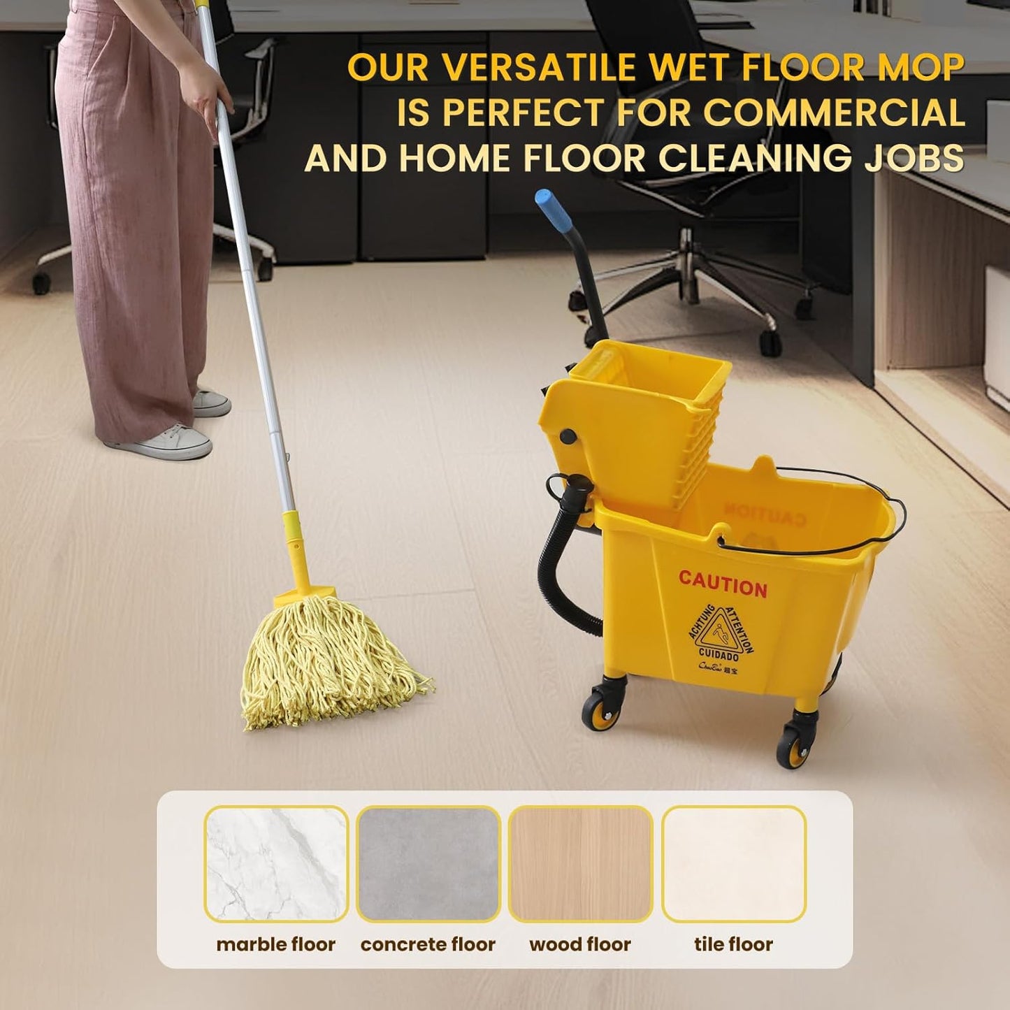 35-Qt Side Press Wringer Combo Commercial Floor Cleaning Rectangular Mop Bucket on Wheels, Yellow,Add One Commercial Mop and One Mop Head Replacement