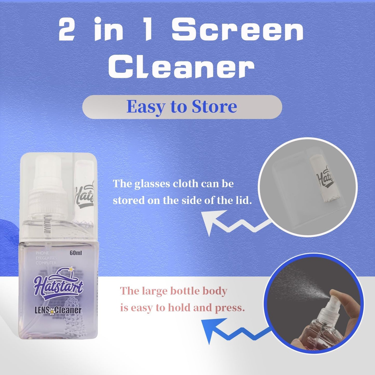 2-Pack Eye Glasses Cleaner Spray, Travel-Sized Screen Cleaning Kit with Touchscreen Mist for iPhone, Sunglasses, Computer, Laptop Screens, Phone Electronics with Eyeglass Cloth and Case Lid - Hatstart