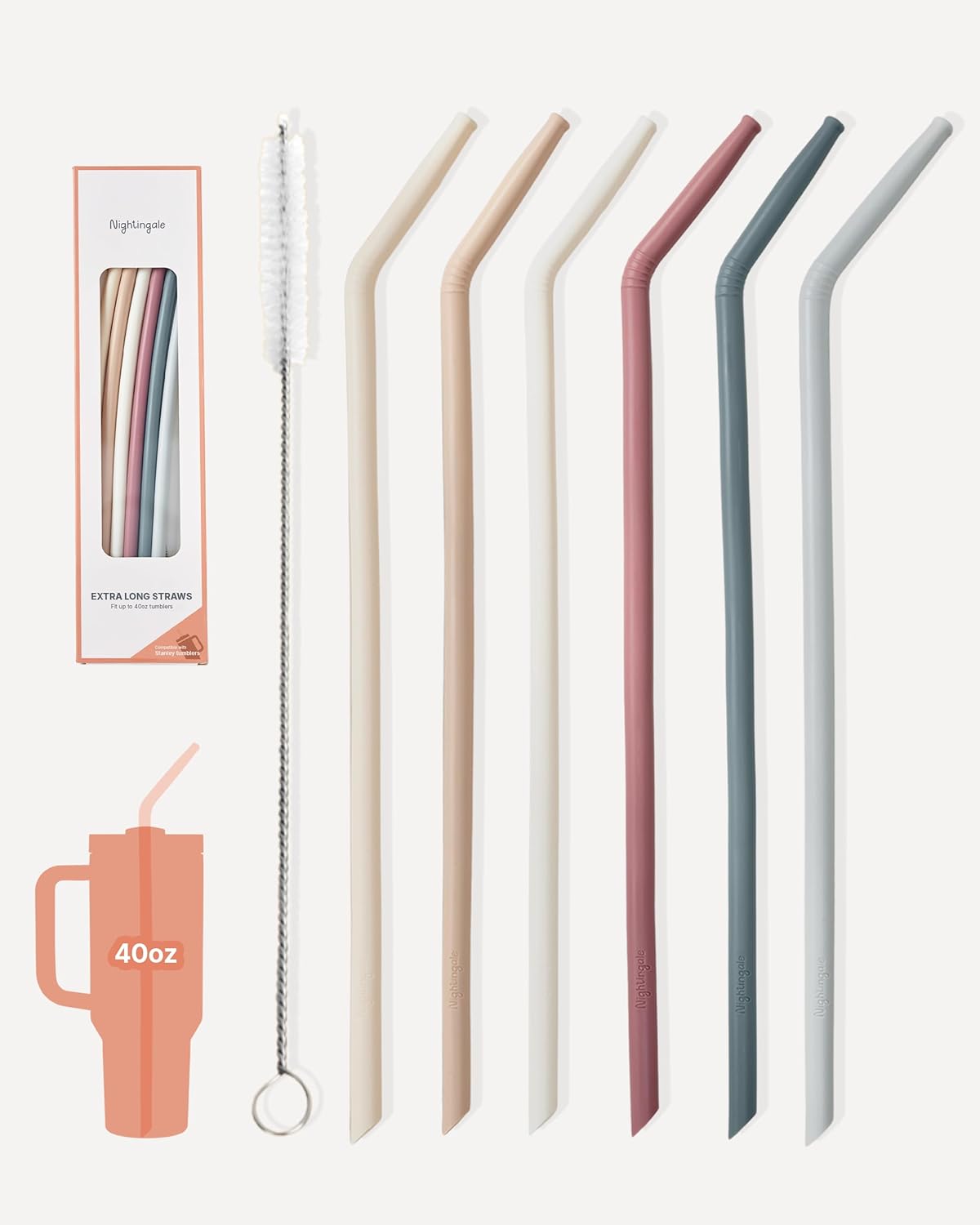 Nightingale Reusable Silicone Straws - Bendy Drinking Straw with Cleaning Brush - Collapsible and Bendable Travel Straw for Kids - Dishwasher Safe, Food-Safe - Set of 6 (Oak Multi)