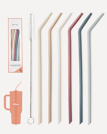 Nightingale Reusable Silicone Straws - Bendy Drinking Straw with Cleaning Brush - Collapsible and Bendable Travel Straw for Kids - Dishwasher Safe, Food-Safe - Set of 6 (Oak Multi)
