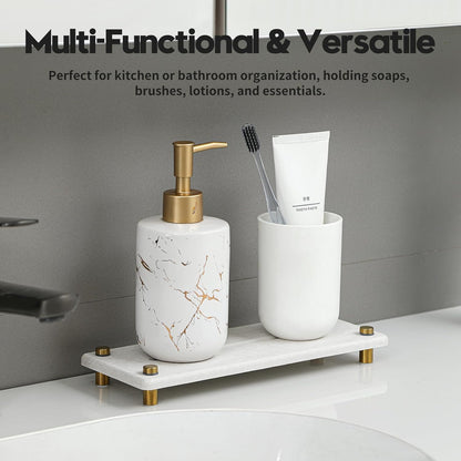 Razborci Water Absorbing Stone Sink Caddy, Diatomite Kitchen Sink Organizer, Bathroom Counter Tray, Faucet Drying Mat Coaster Soap Dish Rack Riser Dispenser Sponge Holder, Silver, White 10" x 4"