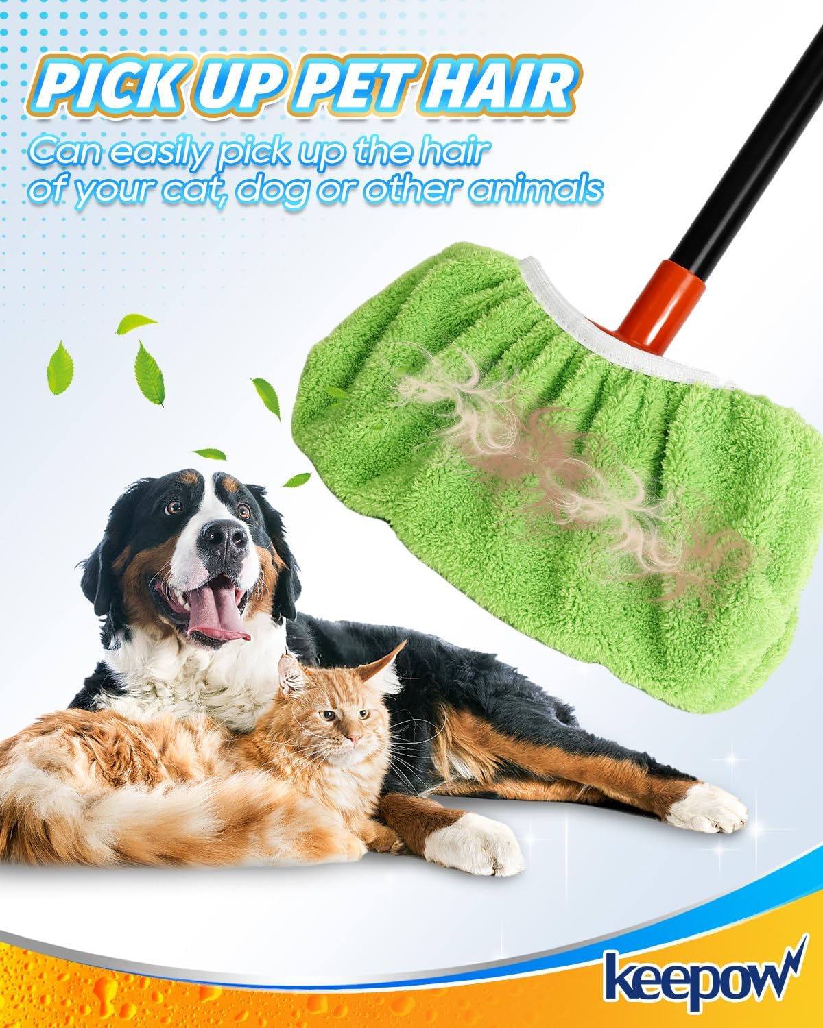 KEEPOW 4 Pack Washable Chenille Broom Pads, Baseboard Cleaner Cloth Covers for Daily Dusting, Reusable Broom Covers Compatible with Standard Brooms Under 11×5.9 in for Floors & Walls (Blue & Green