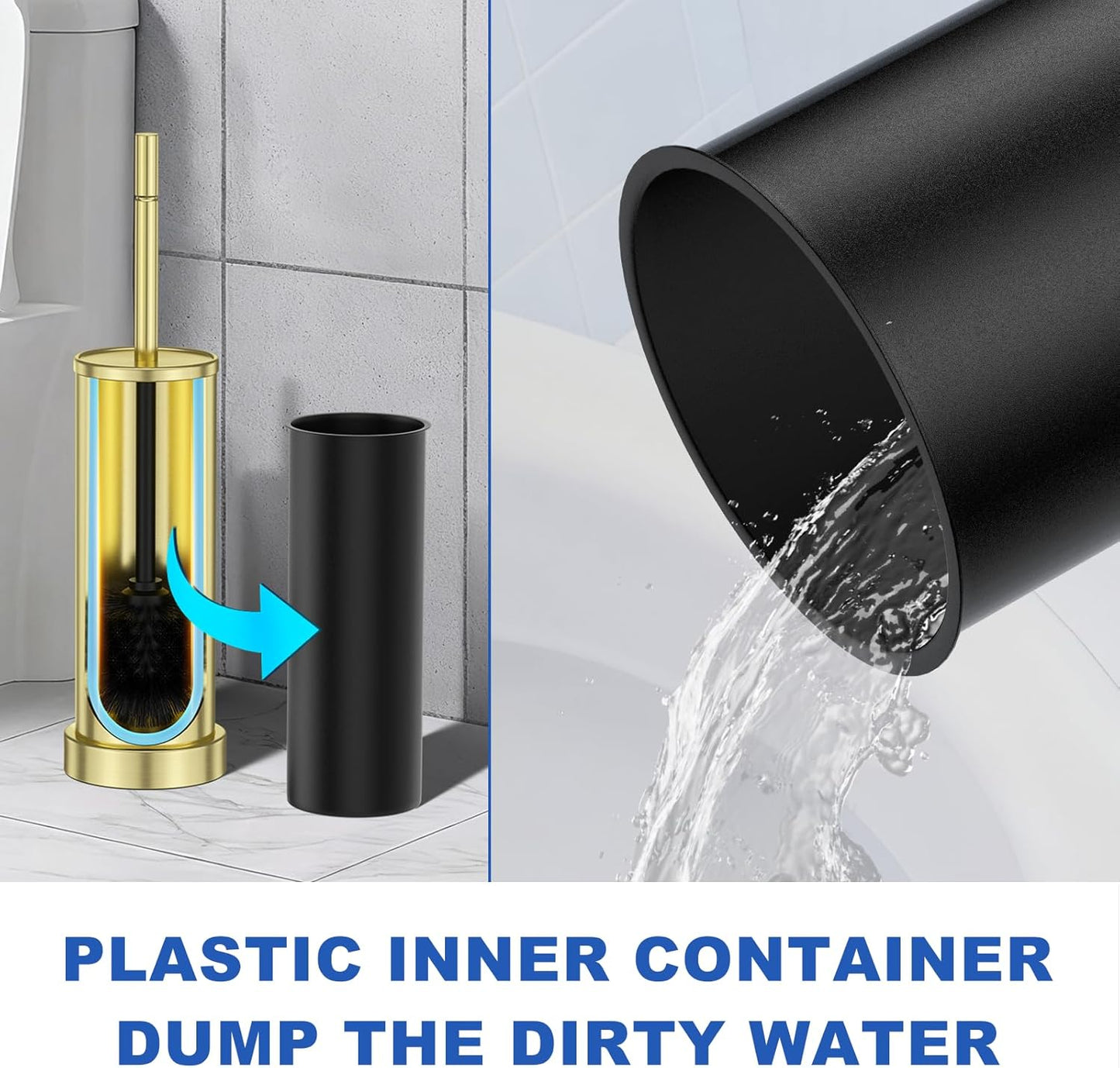 Toilet Brush and Holder Set: 304 Stainless Steel Heavy Duty Toilet Bowl Brush and Holder with Removable Inner Bowl and Splash Protection, Modern Long Handle Bathroom Cleaning Tool