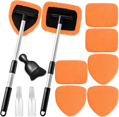 Qydipclin 11pcs Windshield Cleaner Tool, Car Window Cleaning Wash Kit with 6 Reusable Microfiber Pads 2 Spray Bottles and Extendable Handles Auto Glass Wiper Kit, Blue