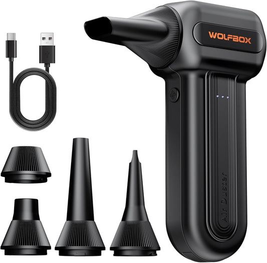 WOLFBOX MF60 Compressed Air Duster-110000RPM Super Power Electric Air Duster, 3-Speed Adjustable Rechargeable Cordless Air Blower with Fast Charging for PC Keyboard Cleaning, Car, Home, 5 Nozzle