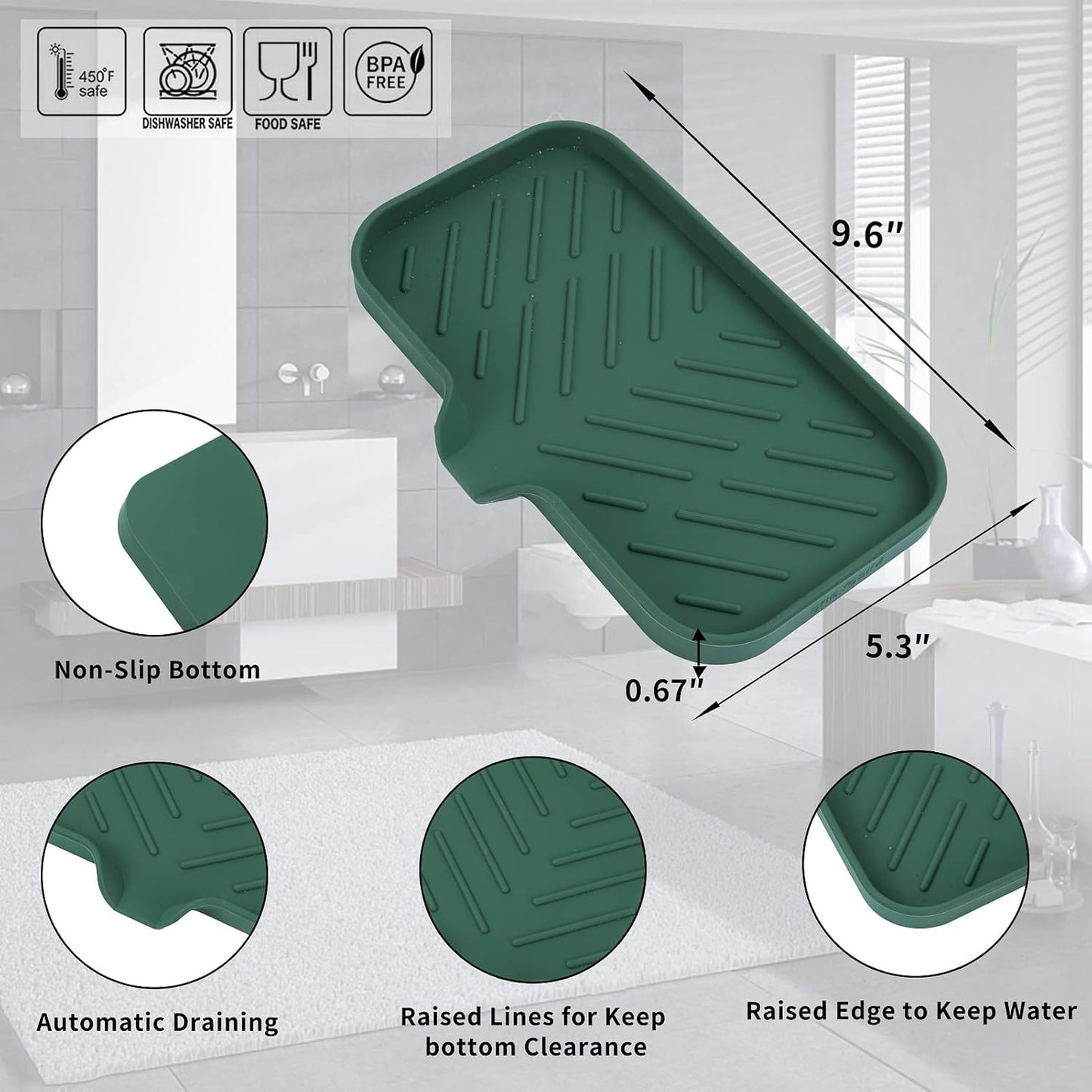 MicoYang Silicone Bathroom Soap Dishes with Drain Spout-Bathroom and Kitchen Sink Organizer,Sponge Holder,Dish Soap Tray,Perfect for Dispenser,Scrubber,Bottle,Cup on Sink or Counter-Black 4.9"×3.2"