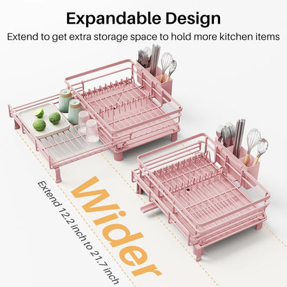 SNTD Dish Drying Rack - Extendable Dish Rack, Large Sink Drying Dish Drainer for Kitchen Counter, Stainless Steel Dish Strainer with Utensil Holder (Black)