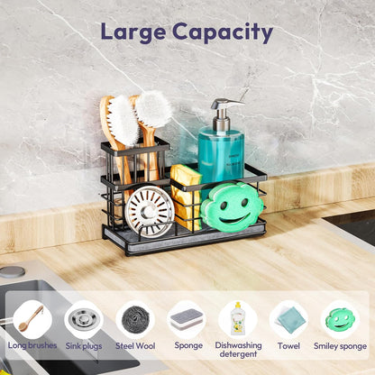 SWTYMIKI Sponge Holder for Kitchen Sink - 2 Tier Rustproof Sink Caddy with Instant Drying Stone, Removable Dish Brush Holder, Stainless Steel Kitchen Caddy for Coutertop Storage Accessories