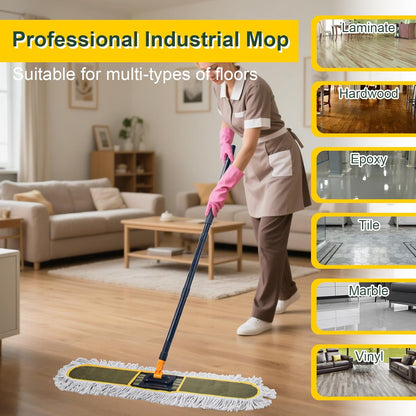24" Commercial Dust Mops for Floor Cleaning with 2 Replacement Mop Pads, Heavy Duty Large Dust Mop for Hardwood Floors, Industrial Wet Dry Floor Duster for Office Garage Warehouse Factory Mall