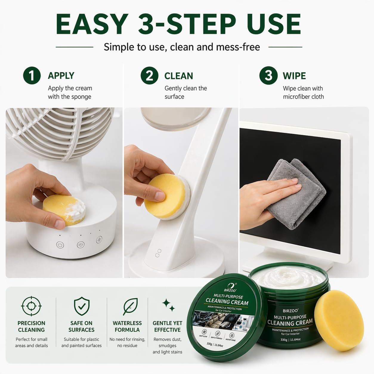 Multi Purpose Cleaning Cream, Waterless No Spray Cleaning Paste for Electronics, Small Appliances & Leather Surfaces, with Sponge and Cloth, 330g (11.64 oz)