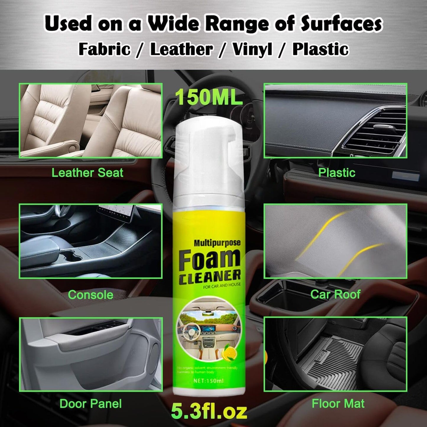 Car Interior Cleaner Foam - Car Dashboard, Seat, Carpet, Upholstery Cleaner, Auto Interior Detailing Spray Leather Vinyl Plastic Cleaner - Remove Stain & Grime & Grease - 150ml
