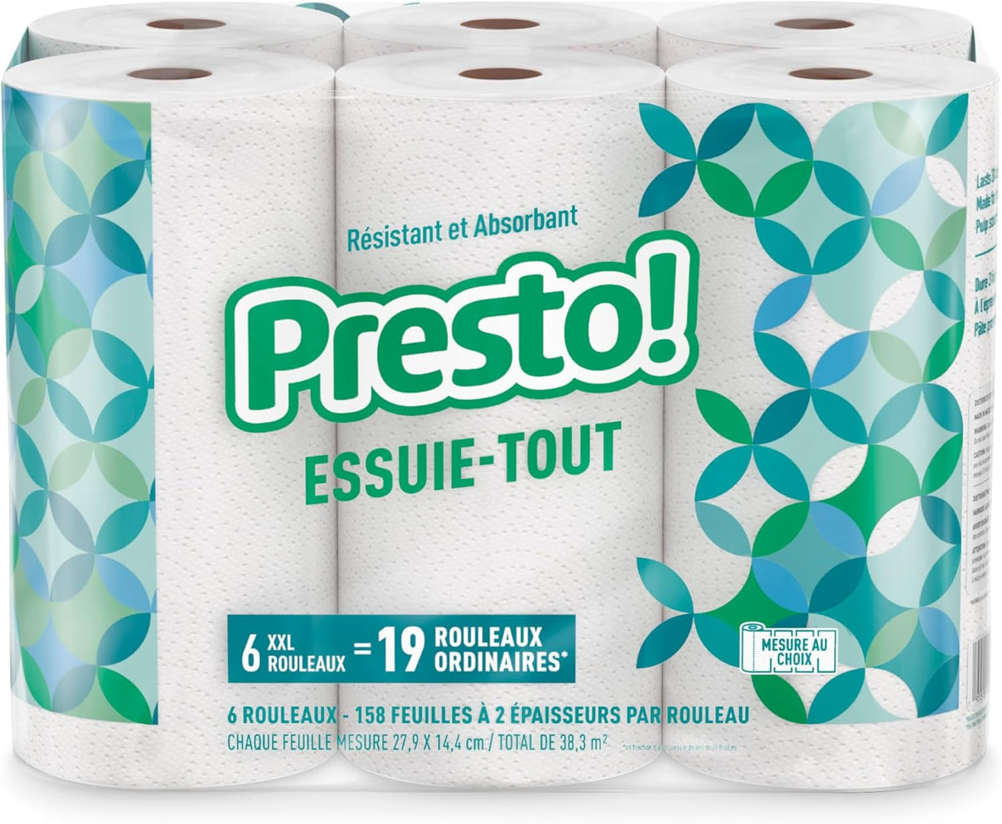 Amazon Brand - Presto! Ultra-Strong Premium Paper Towels, 158 Sheet Huge Roll - Flex-a-Size, 12 Rolls (2 Packs of 6), Equivalent to 38 Regular Rolls, White