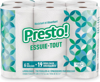 Amazon Brand - Presto! Ultra-Strong Premium Paper Towels, 158 Sheet Huge Roll - Flex-a-Size, 12 Rolls (2 Packs of 6), Equivalent to 38 Regular Rolls, White