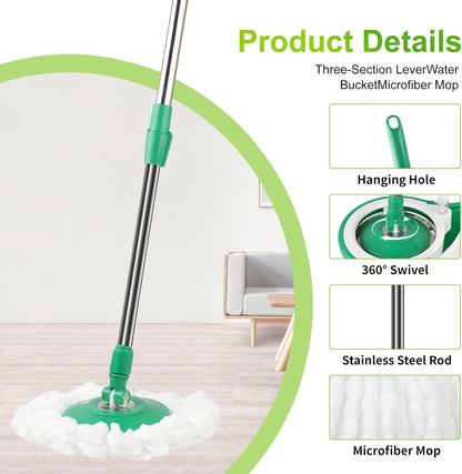 Spin Mop and Bucket with Wringer Set,360° Spin Mop & Bucket Floor Cleaning System Mop Bucket with 61" Adjustable Extended Handle 3 Microfiber Replacement Head Refills