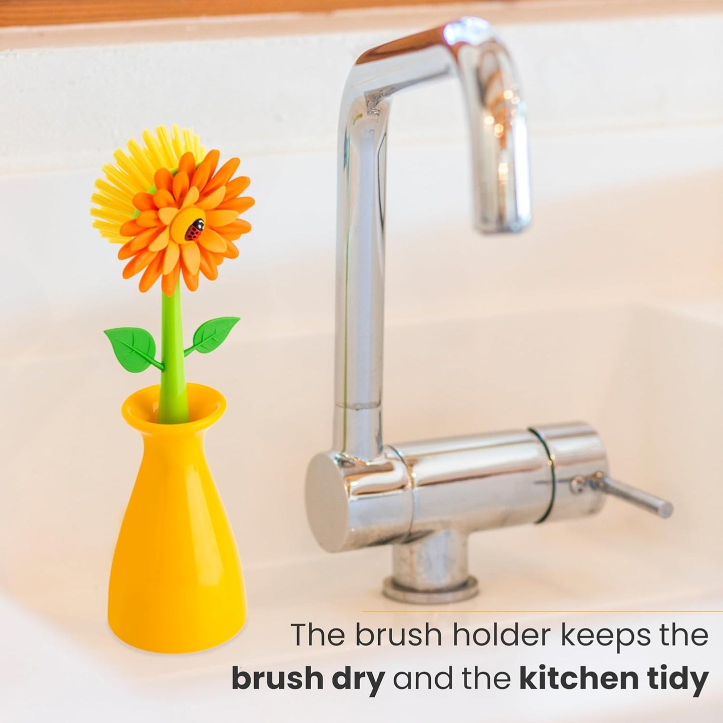 Vigar Flower Power Dish Brush with Handle and Vase Dish Brush Holder, Kitchen Scrub Brush for Pot Scrubber, Dishes, and Sink Cleaning, Pink, Green