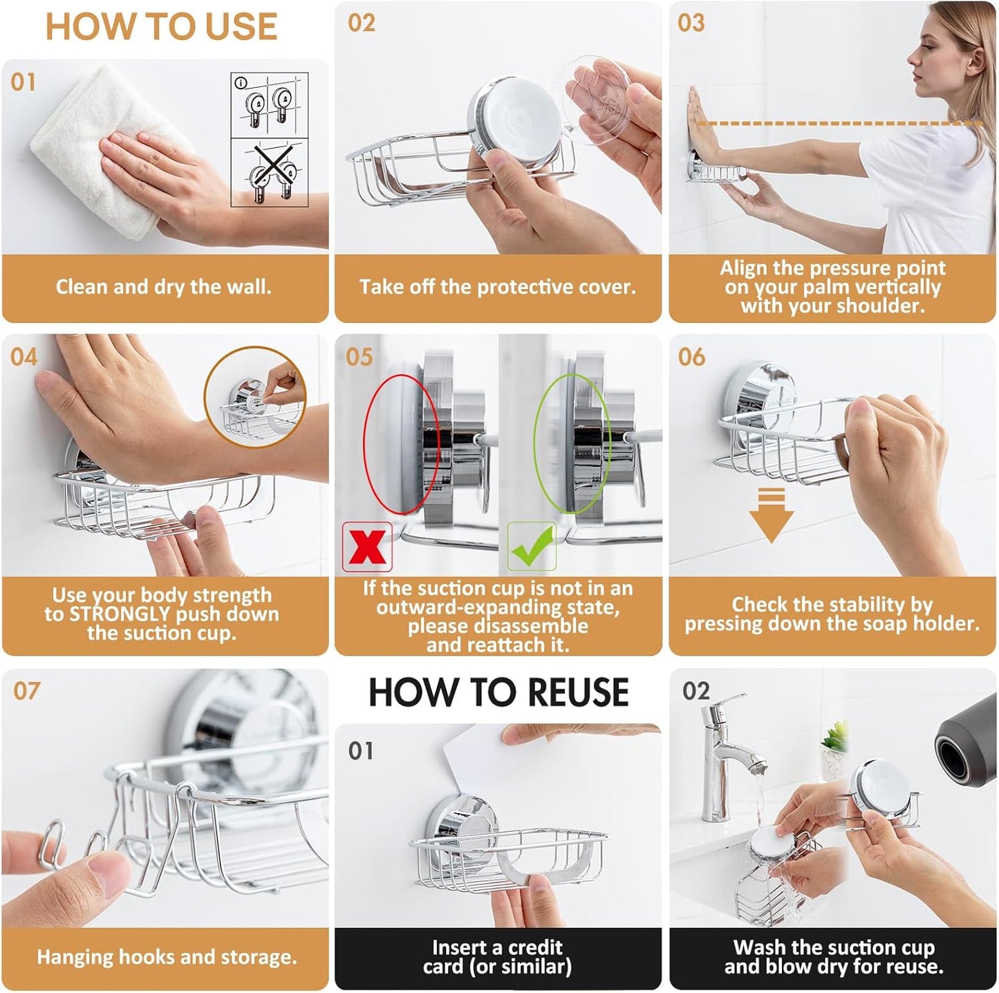 LEVERLOC Soap Holder Shower with Hooks, Bar Suction Cup Soap Dish Tray for Wall, Rust-Proof Stainless Steel Sponge Caddy for Bathroom Accessories Organizer Bathtub Kitchen Sink, Black