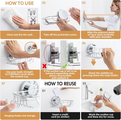 LEVERLOC Soap Holder Shower with Hooks, Bar Suction Cup Soap Dish Tray for Wall, Rust-Proof Stainless Steel Sponge Caddy for Bathroom Accessories Organizer Bathtub Kitchen Sink, Black