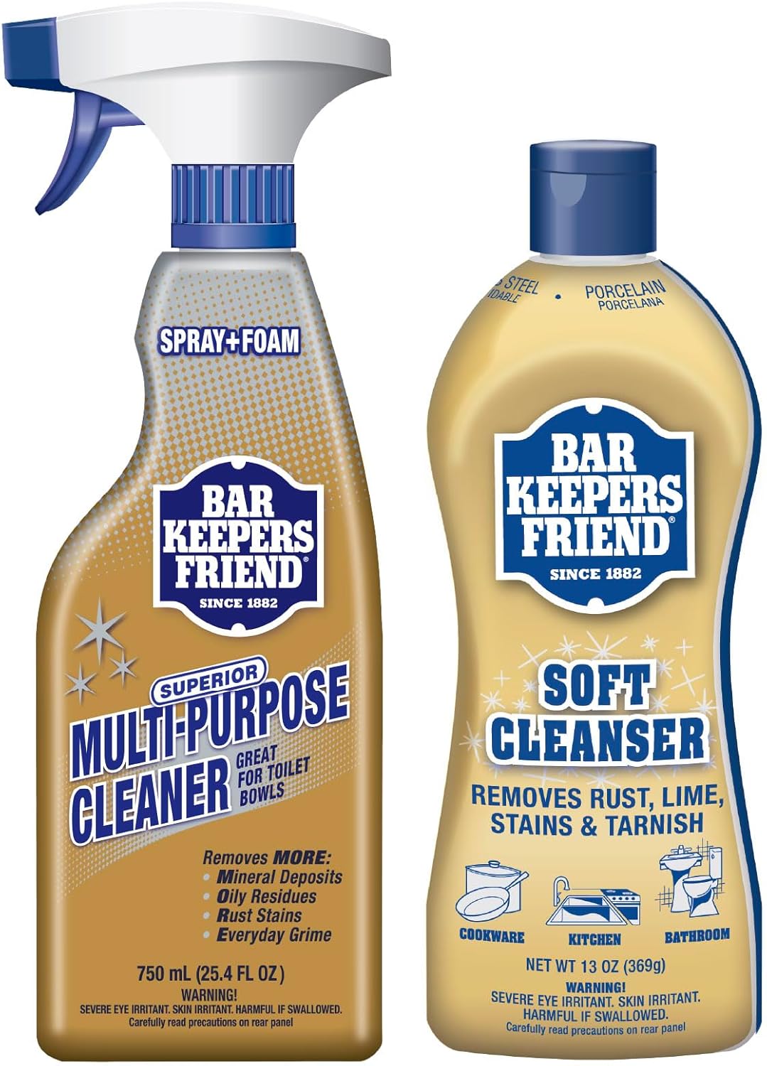 Bar Keepers Friend Soft Cleanser (13 oz) and MORE Spray + Foam (25.4 oz) Multipurpose Cleaner Bundle, Stain & Rust Remover for Multi Surface Bathroom, Kitchen & Outdoor Cleaning