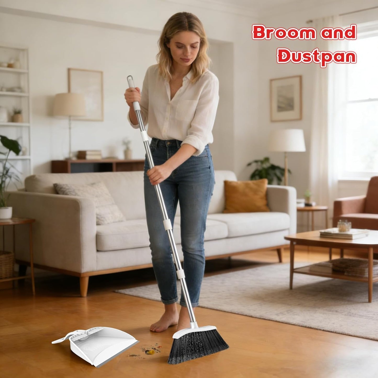 Broom and Step-on Dustpan Set, 59-in Adjustable Long Handle Broom with Dustpan Combo Set Outdoor Angle Broom for Sweeping Indoor Dust Pet Hair for Cleaning Kitchen Garage Deck Patio, Black&Red