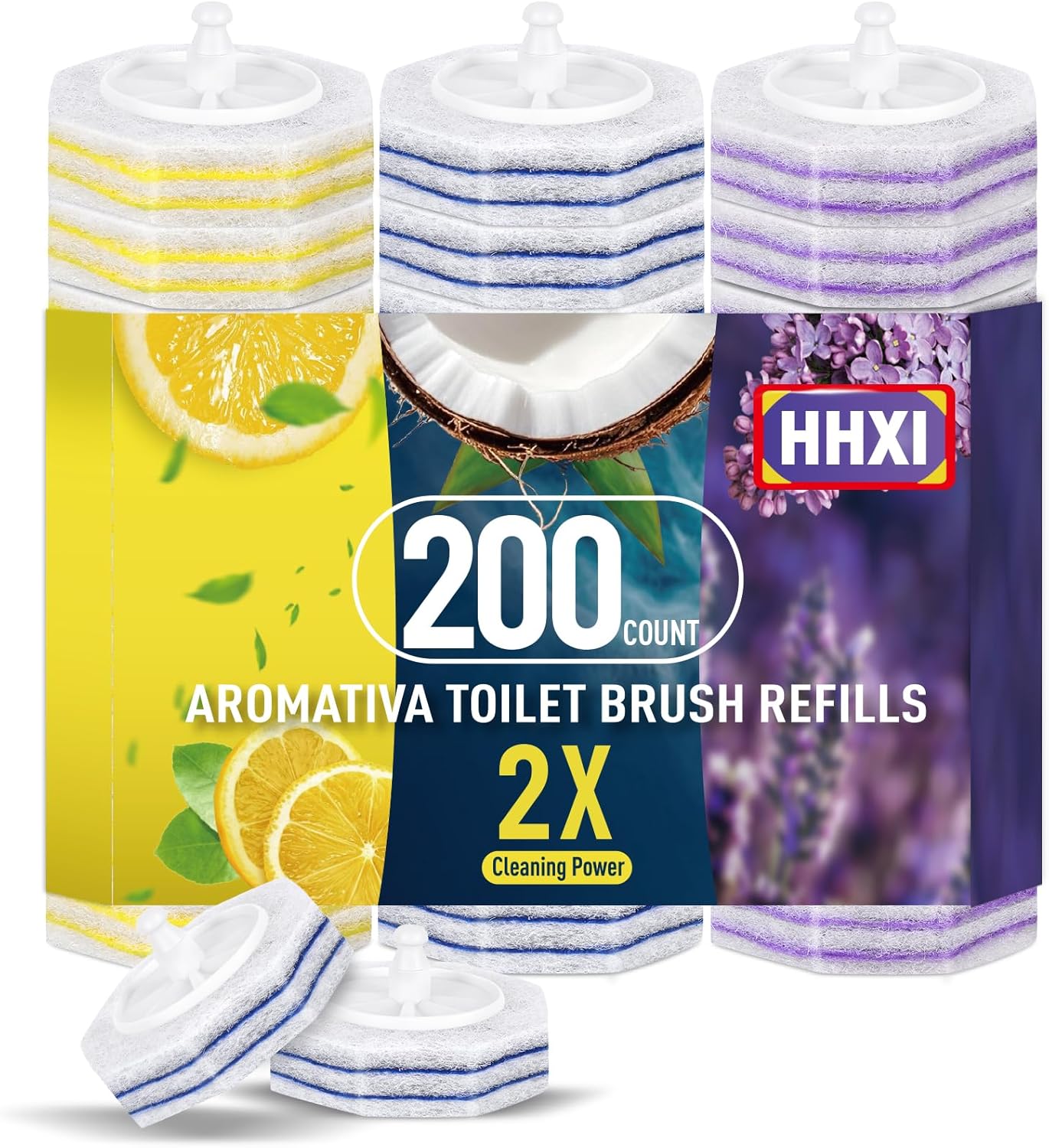 15Ct Aromative Toilet Brush Refills, Toilet Bowl Cleaner Refills, Double-Layer Cleaning Pads Added, Disposable Refill Heads for Toilet Bowl Cleaner Wands，Lemon, Blue Ocean, Lavender （Patented）