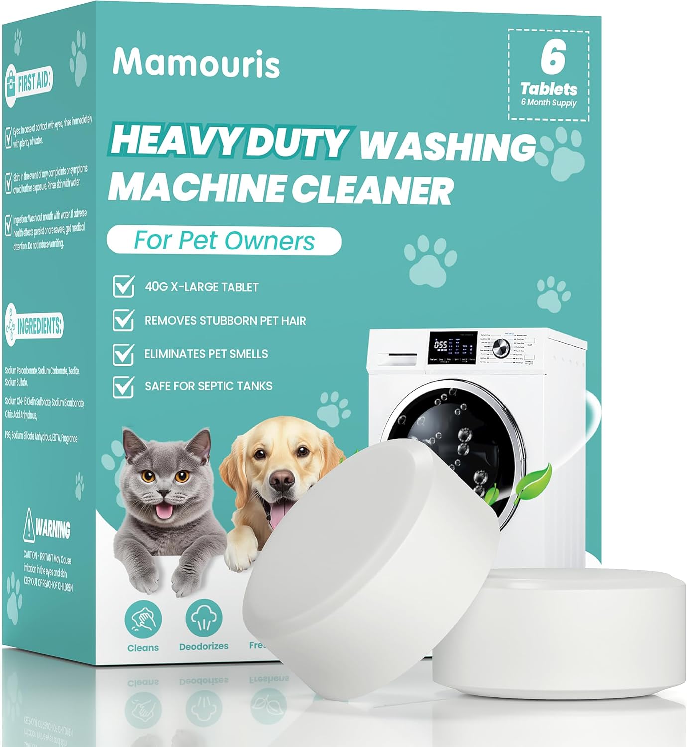Washing Machine Cleaner Tablets: 24 Pack Deep Cleaning For HE, Front Loader & Top Load Washer, Removes Pet Hair, Odors, Formulated for Pet Owners, Septic Safe, 12 Month Supply, 11G
