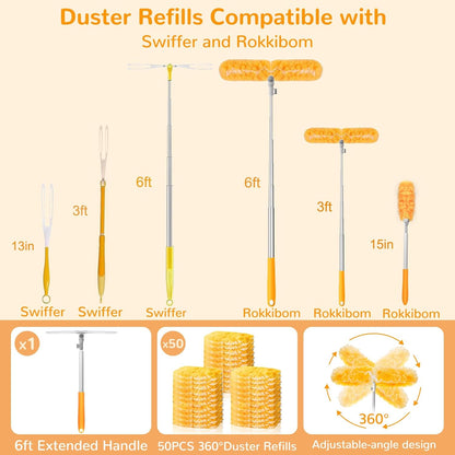 6 ft Heavy Duty Extendable Duster Handle with 50 Refills for Swiffer Duster, 360° Multi-Surface Dusters with 4X Cleaning Power for Home, Ceiling Fans, Windows, Dusting Hard-to-Reach Areas (Orange)