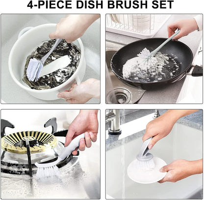Dish Brush with Handle, Kitchen Dish Scrub Brush Set, 4-Piece Kitchen Cleaning Brush Set for Pots and Bottles, Nordic Green
