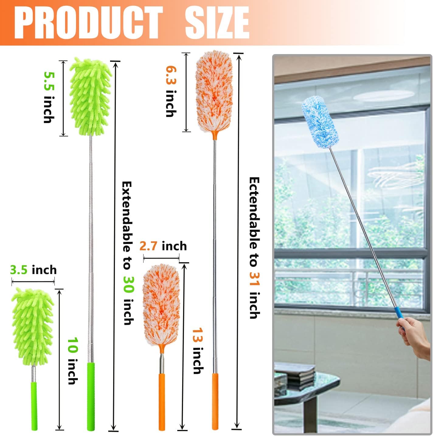 4 pcs Extendable and Washable Microfibre Feather Duster,13" to 30" Reachable, Microfibre Cleaning Tool, Small Dusters for Cleaning Office, Car, Computer, Furniture, Sofa