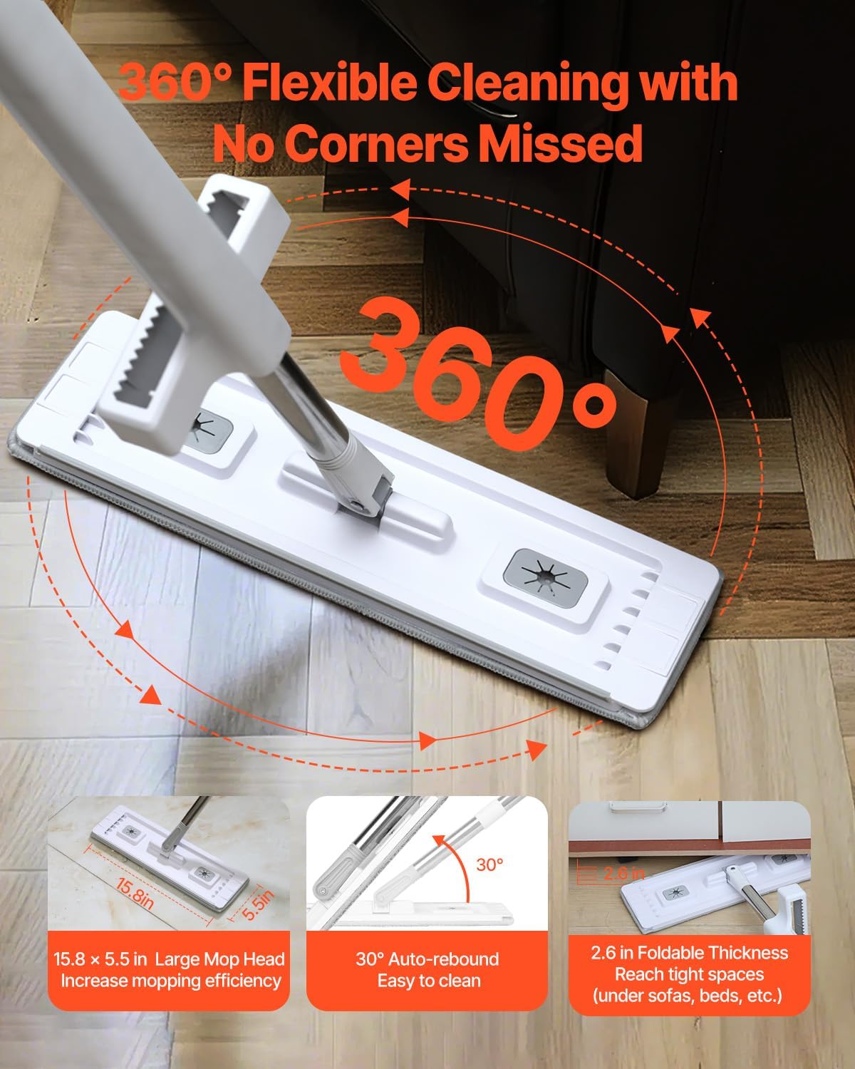 VEVOR Mop and Bucket with Wringer Set, Wet & Dry Use, Flat Mop and Bucket System with 3 Washable Microfiber Pads, Flat Mop with Stainless Steel Handle, Mop Bucket Set for Hardwood Tile Vinyl