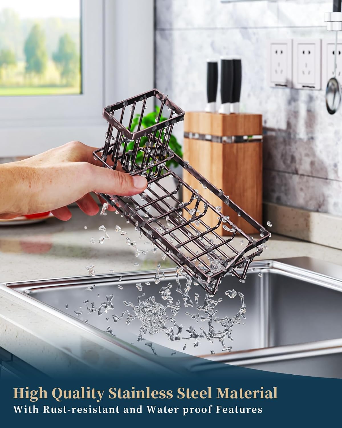 Consumest Sink Caddy, Kitchen Sponge Holder with Dish Brush Holder, Kitchen Organizer with Drip Tray for Countertop, Stainless Steel Rustproof - Silver
