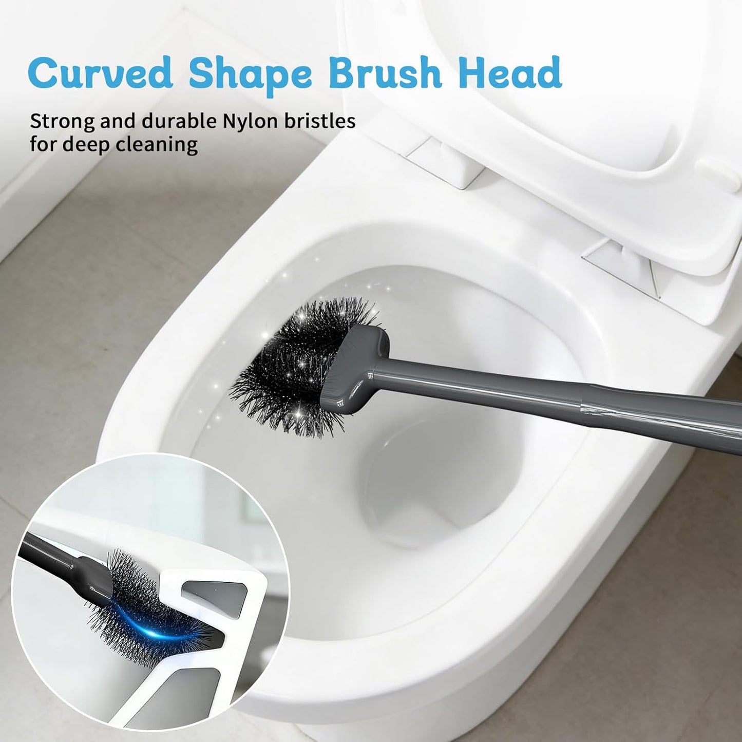 Sellemer Toilet Brush and Plunger Set, Curved Design Head for Deep Cleaning, Heavy Duty Toilet Bowl Brush and Plunger Combo with Holder for Bathroom Cleaning, Black, 1 Pack