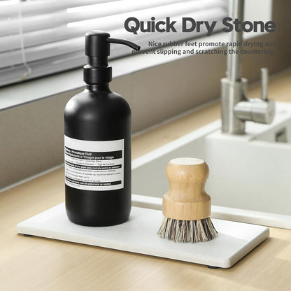 2PCS Water Absorbing Stone Drying Tray for Kitchen Counter & Bathroom Sink, Diatomite Faucet Splash Guard, Soap Dispenser Rack & Sponge Holder Caddy Organizer, Marble White (Printed Pattern), 9"x 3.5"