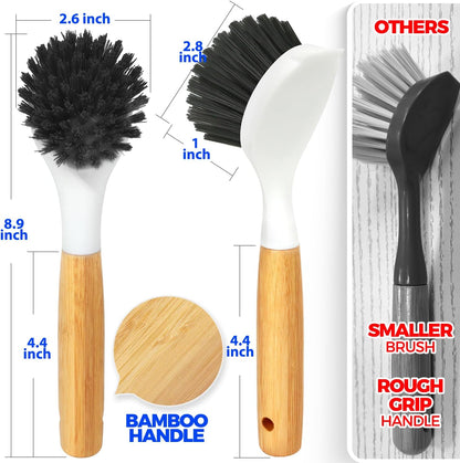 Holikme 3 Pack Dish Brush Set with Bamboo Handle, Kitchen Brushes for Cleaning Pot, Sink and Stove, Skillet Scrubber with Tough Bristles for Cast Iron Grill Pan, Yellow White Black