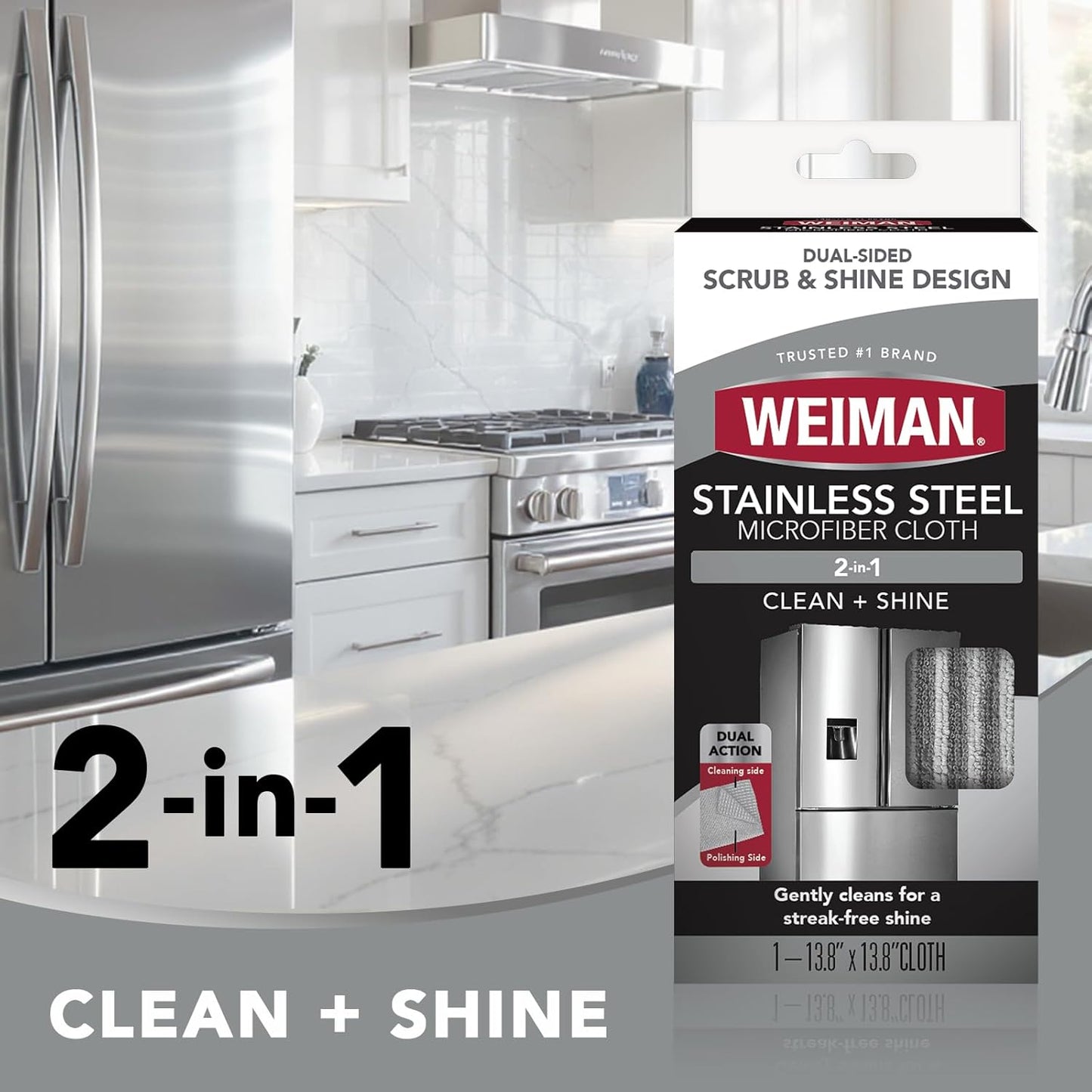 Weiman Microfiber Cloth for Stainless Steel, Safely Traps and Removes Dirt, Oil and Grime to Protect from Scratches 13.8" x 13.8" (Pack of 2)