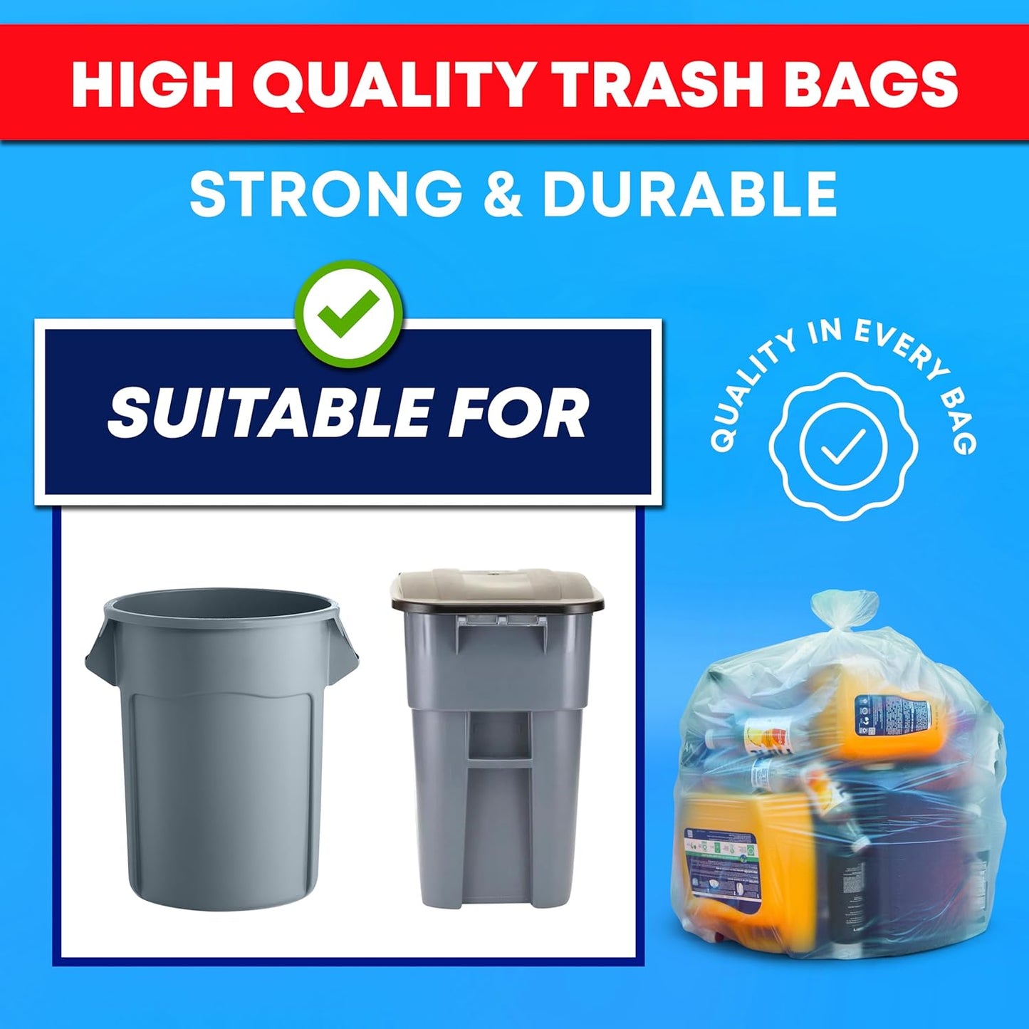 55 Gallon Clear Trash Bags, (50 Bags w/Ties) Large Clear Plastic Recycling Garbage Bags