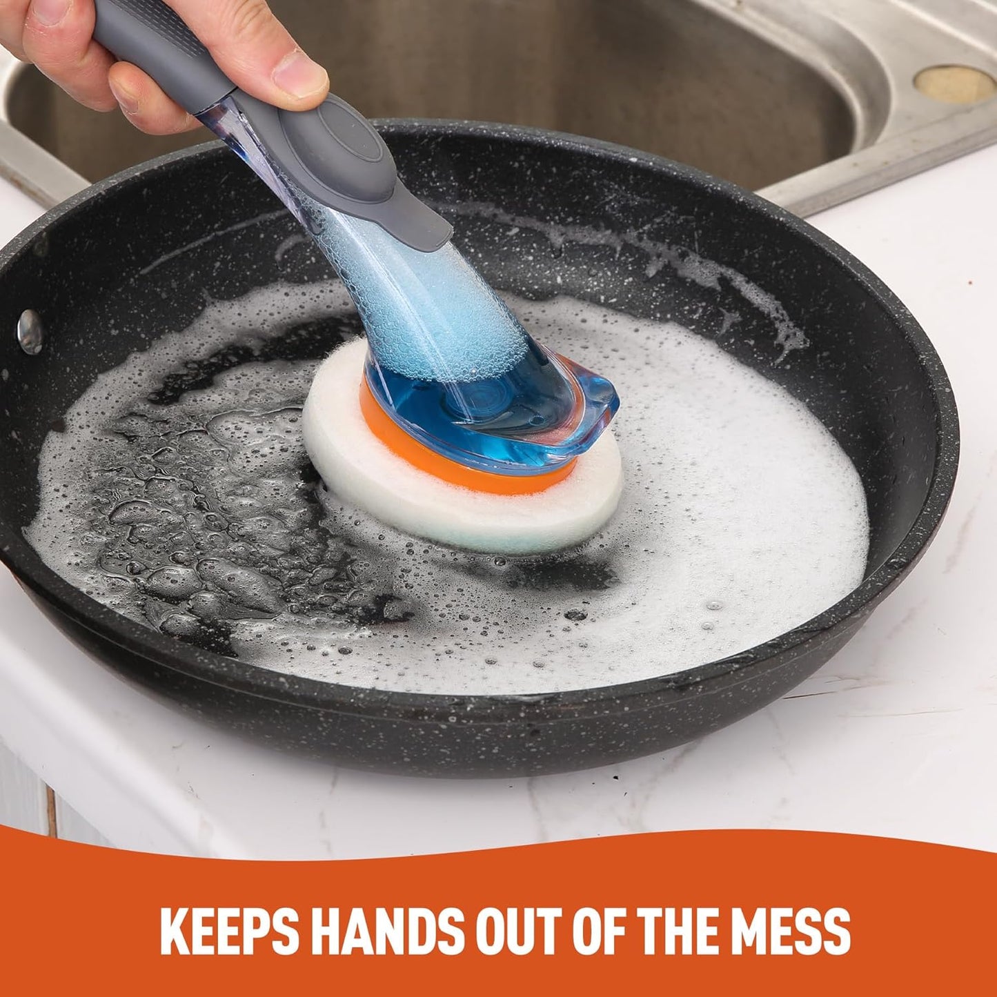 CLEANHOME Dish Wand with Soap Dispenser, Scrubber Brush with 6 Replaceable Magic Tape Sponge Pads for Cleaning Dishes, Kitchen Sink, Pots, Pans, Toilet & Bathtub