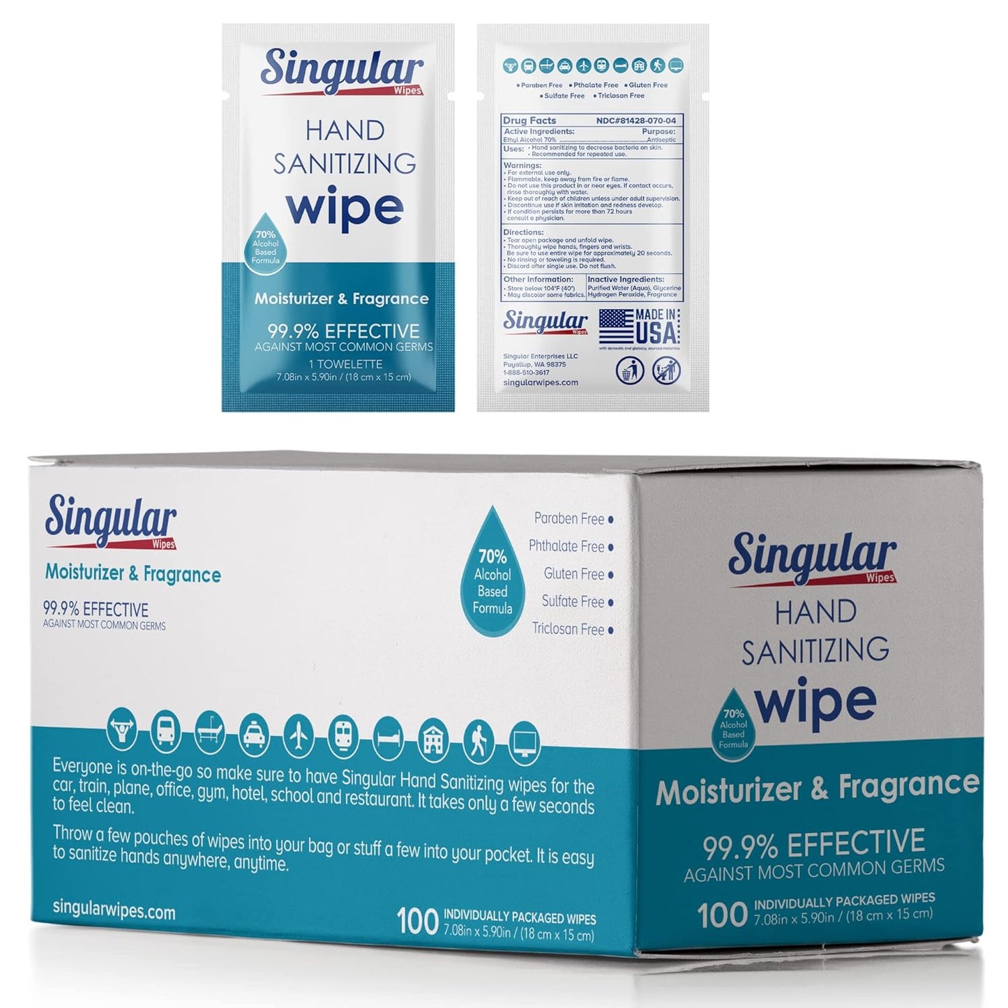 Hand Sanitizing Wipes Travel Size by Singular Wipes – 24ct Individually Wrapped | Fresh Citrus Scent, Moisturizing, 70% Alcohol Wipes | Travel, Office, School, Home | Made in USA