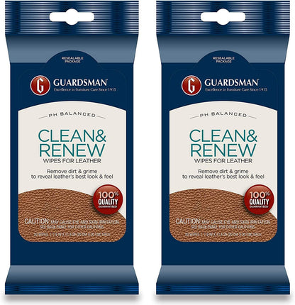 Guardsman Clean and Renew Leather Protector for Leather Furniture & Car Interiors | Small Leather Goods and Leather Shoe Cleaner, Wipes 20 Count