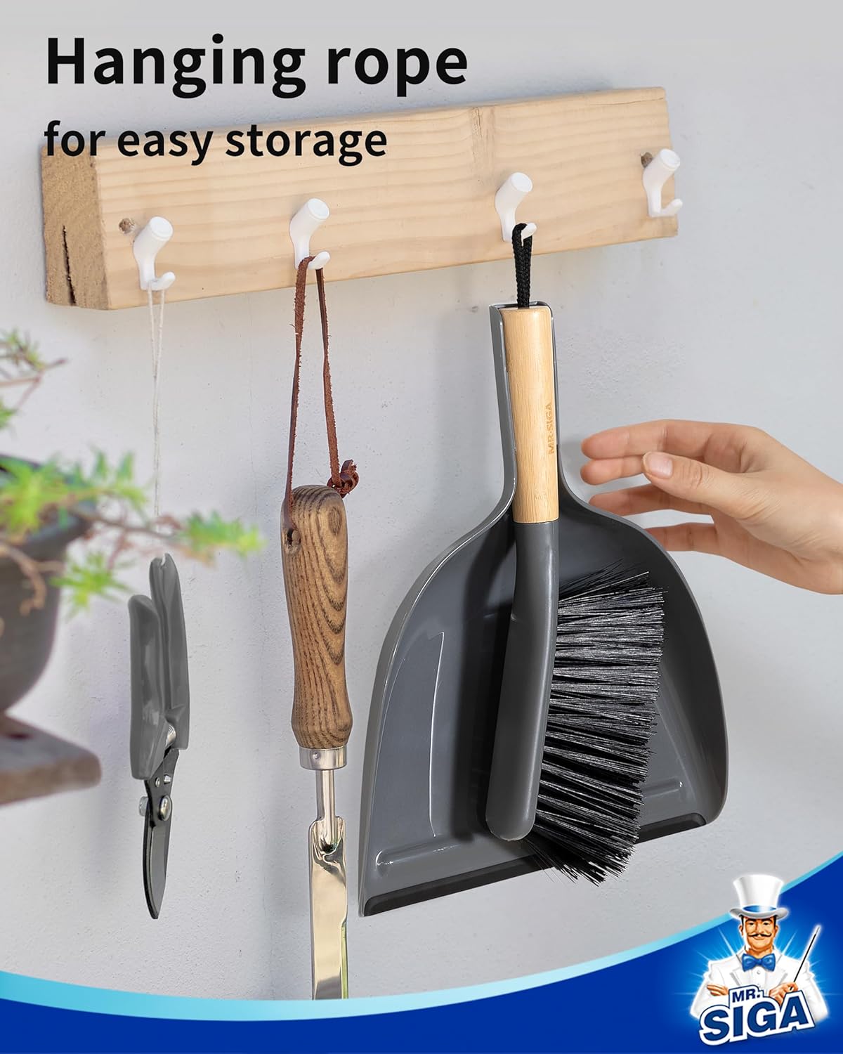 MR.SIGA Dustpan and Brush Set, Portable Cleaning Brush and Dustpan Combo with Bamboo Handle, White, 1 Set