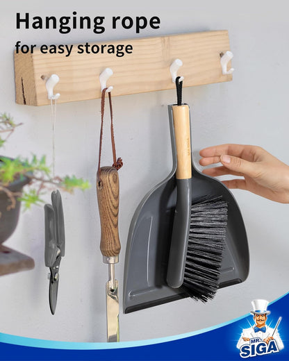 MR.SIGA Dustpan and Brush Set, Portable Cleaning Brush and Dustpan Combo with Bamboo Handle, White, 1 Set